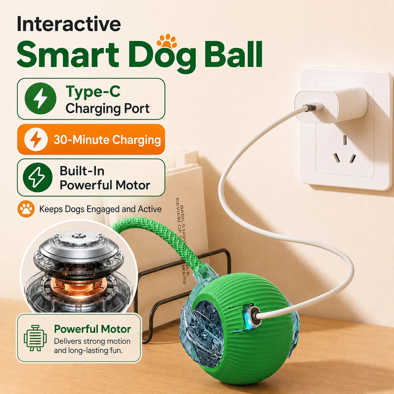 Pelota interactiva rodante para perros